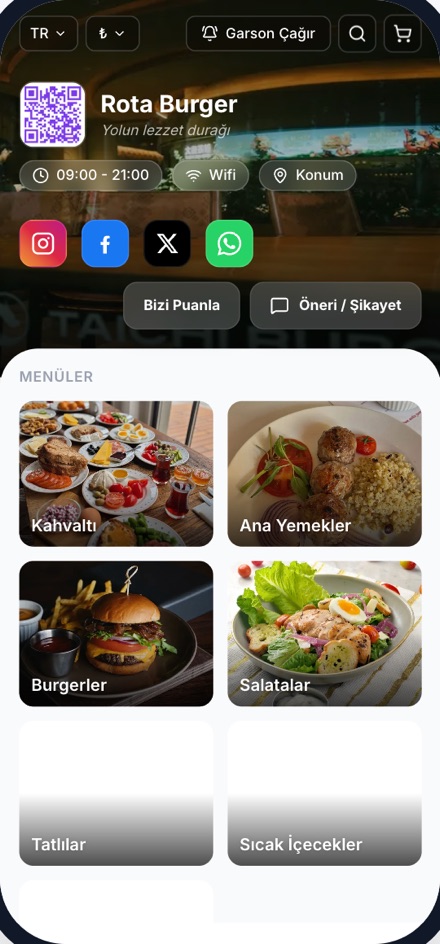 Rota Burger QR menü önizlemesi
